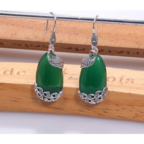 ZHJIASHUN Vintage 100% 925 Sterling Silver Chalcedony Peacock Earrings For Women Retro Natural Gemstones Earring Jewelry Female