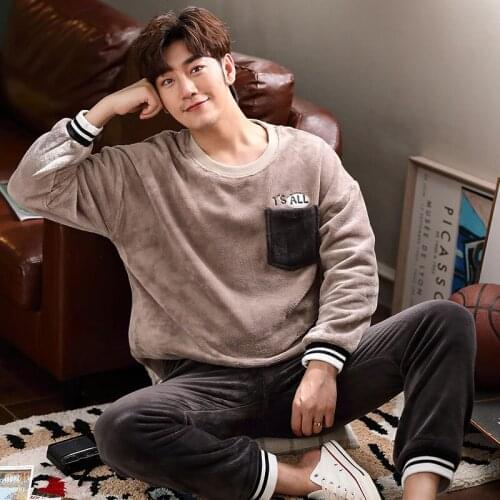 Winter Coral Fleece Young Male Warm Sleepwear Thickening Leisurewear Pajamas Set