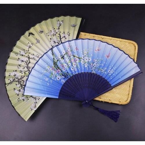1PC Retro Chinese Japanese Silk Bamboo Folding Fan Home Decoration Ornaments Floral Painting Hand Held Fans Dance Party