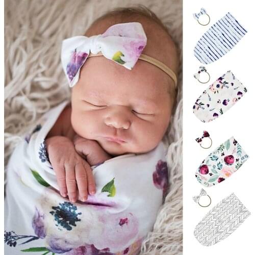 2Pcs/Set Newborn Swaddle Blanket Cocoon Sleeping Bag with Matching Bow Headband for Infantil New Born Muslin Bedding Wrap Sack