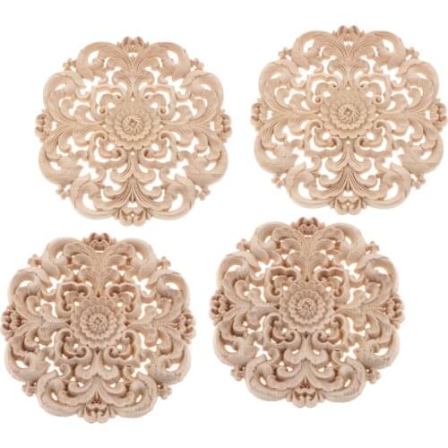 4 X10/20cm Wood Carved Round Onlay Applique Unpainted Wall Flower Door