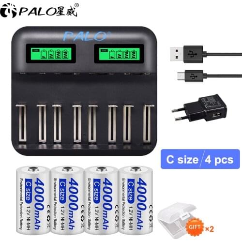 PALO 4000mah 1.2V C Size Rechargeable Battery+High Quality Intelligent Battery Charger For AA AAA C D Battery For Toy gas cooker