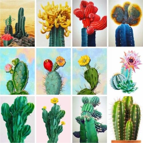Huacan Diy Diamond Painting Cactus Square/round Diamond Mosaic Embroidery Flower Wall Stickers Home Decor
