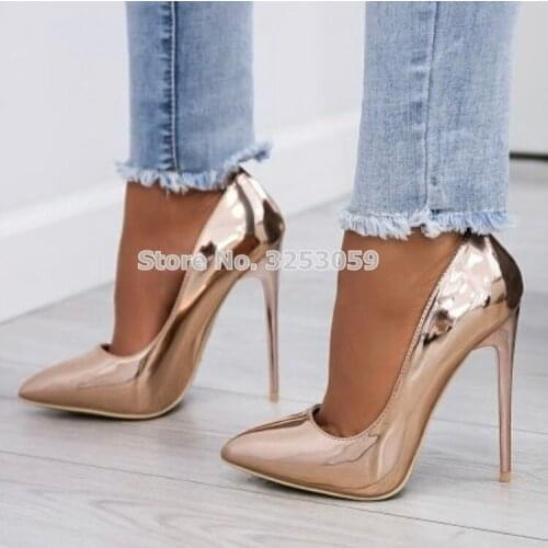 ALMUDENA Hot Selling Popular Rose Gold Patent Leather Pointed Toe Pumps Shallow Cut Slip-on Stiletto Heels Street Runway Shoes