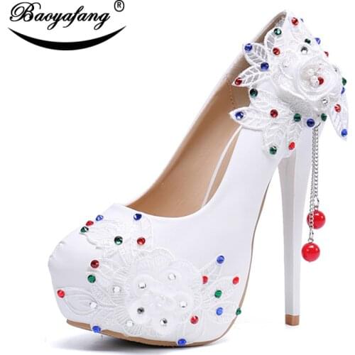 BaoYaFang 2019 NEW ARRIVE White Lace Wedding shoes Bride 14cm High Platform shoes Sweet Party dress shoes ladies'fringed shoes