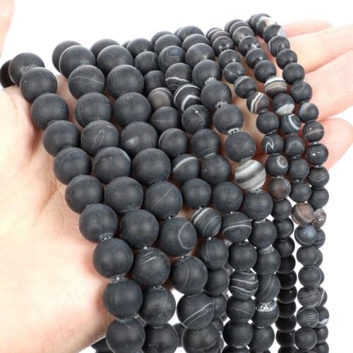Natural Stone Beads Frosted Black Line Agate Round Loose Beads for Jewelry Making Needlework Bracelet DIY 4-12 MM