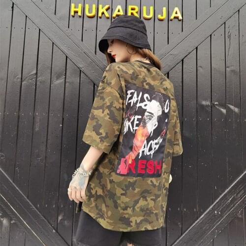 Summer Street Style Camouflage Short Sleeve T-shirt Women Loose Hip-hop Round Neck Patches Tops Tee