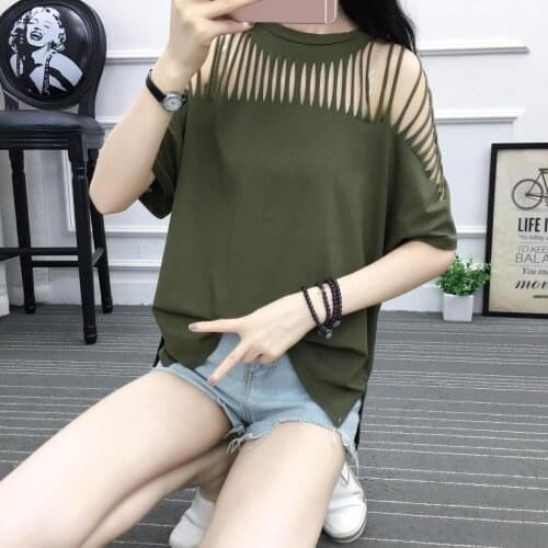 Large Size Tshirt Womans Short Sleeve Summer Ripped Hollow-out Top Cotton Bottoming Tops Female Clothes Plus Size T Shirt
