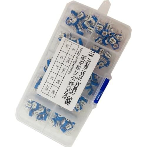 100PCS/LOT RM063 Vertical Adjustable Resistor Kit In Box 500 ohm-1M ohm 10 Values *10PCS Multiturn Trimmer Potentiometer Set