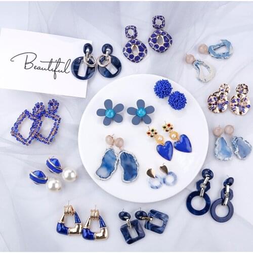 AMORCOME Korean Blue Geometric Drop Earrings Many Style Blue Pendant Earrings Trendy Crystal Resin Acrylic Stone Dangle Earring