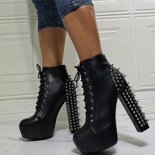 Fashion Platform Shoes Women Boots Rivets Ornament High Heel Winter Work Boots Customized Big Size 47