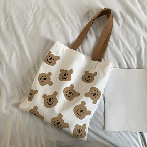 Fashion Women Cartoon Bear Printing Canvas Shoulder Shopping Bag Casual Ladies Large Capacity Tote Handbags