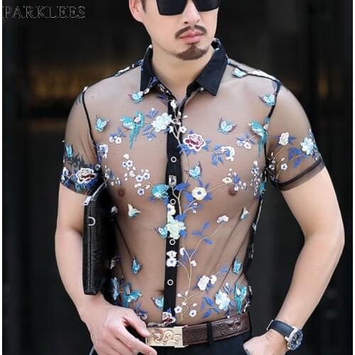 Floral Embroidery See Through Fishnet Shirt Men 2019 Sexy New Slim Fit Transparent Dress Shirts Mens Party Event Lace Chemise
