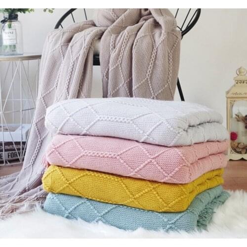 Solid Color Simple Knitting Throw Blanket with Tassels Anti-pilling Sofa Cover Soft Tapestry Home Bedroom Decor