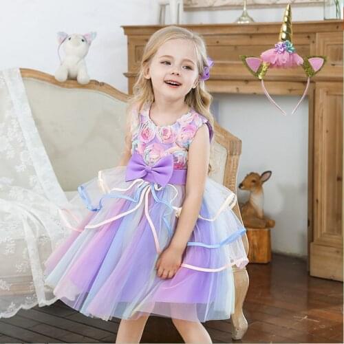 Girls Birthday Unicorn Dress Summer Flower Girl Dresses for Weddings Rainbow Tutu Party Childrens Dresses Kids Princess Gowns