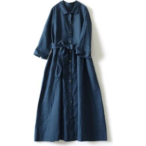 Pure linen dress Lapel shirt skirt 2021 autumn new artistic cotton linen womens long Dress 283