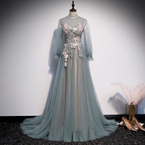 Sequins Evening Dress High Neck A-line Floor-length Tulle Lace Empire Full Sleeves Plus size Party Formal Dresses Woman R1414