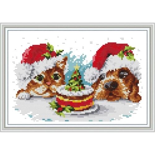 Christmas presents for cats and dogs cross stitch kit aida 14ct 11ct count printed canvas stitches embroidery DIY handmade