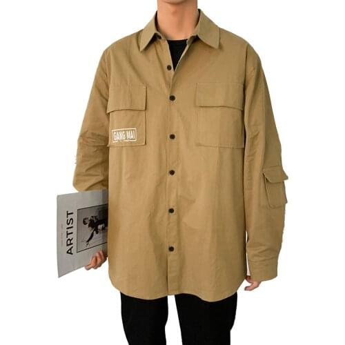 Shirts Men Fashion Long Sleeves Tooling Shirt Pocket Men Loose Casual Jacket Top Workwear Mens Clothing 2021