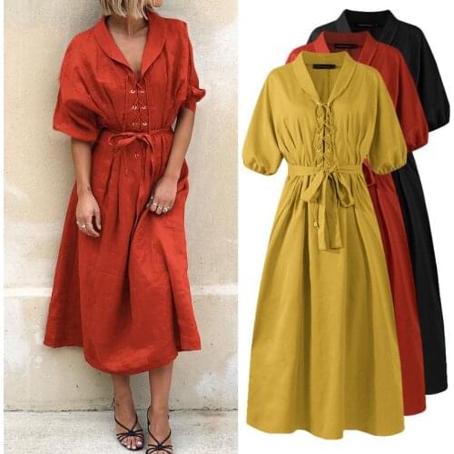 Summer Sundress Celmia Women Lapel Neck Short Sleeve Belted Elegant Party Maxi Dress Casual Solid Lace Up Beach Vestidos Robe