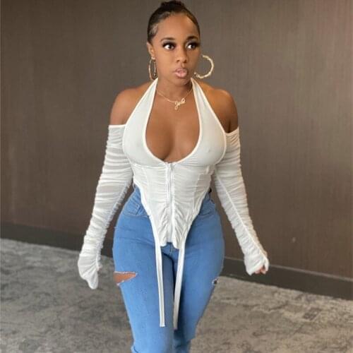 Ruched Patchwork Women Crop Top Mesh Halter See Through Long Sleeve Off Shoulder Zipper Bodycon Sexy Club Streetwear T Shirt