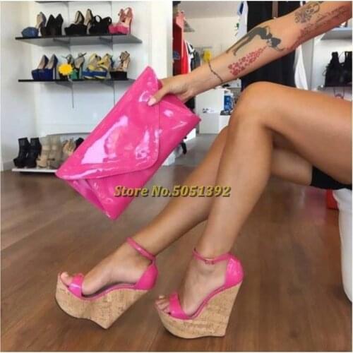 Hot Pink Cork Wedges Open Toe Patent Leather Ankle Strap Sandals Tan Wedges Sandals Ankle Strap Slingback Open Toe Platform