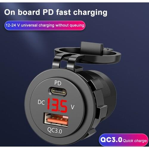 Car Cigarette Lighter PD 3.0 Quick Chargers Socket Adapter Dual USB Charger With LED Voltmeter And Cable 12-24V Car Motorcycles