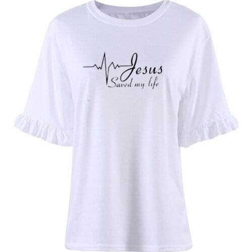 Harajuku Ladies Jesus Saved My Life Camisetas Religion Christian Catholic Tee God Faith Prayer women Slogan Petal Sleeve T-Shirt