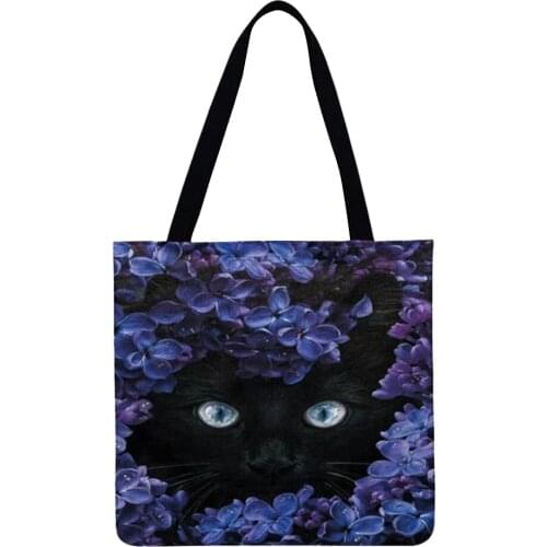 Womens Bag Fashion Women Flower Bush Cat Printed Linen Shoulder Shopper Bag Casual 2021 Female bag Large Capacity Tote Handbags
