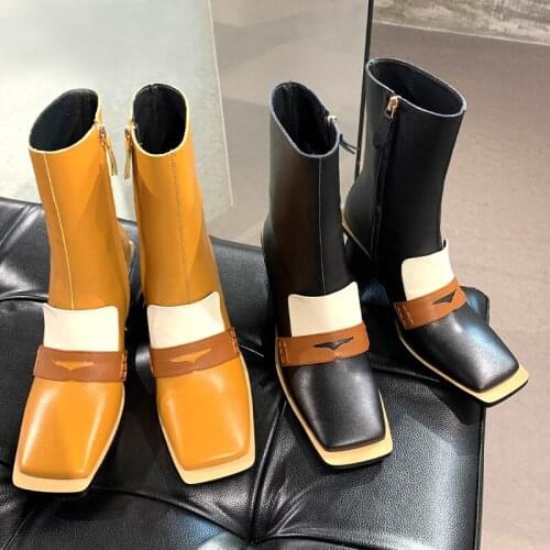 Soft Leather England Style Womens Mid-calf Boots Square Toe Mixed Color Retro Shoes A5