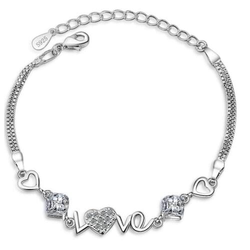 TJP Top Quality 925 Sterling Silver Bracelets Jewelry New Fashion Crystal Heart Love Style Bracelets Accessories Birthday Gift