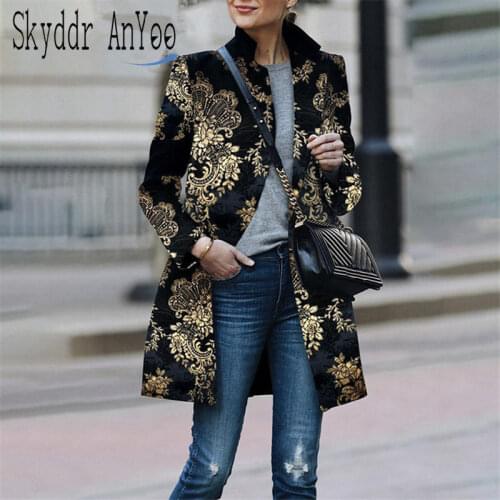 2020 Spring Autumn Vintage Coat Women Retro Black Floral Print Coat Cardigan Turn Down Collar Ladies Coats Jackets Fashion Tops