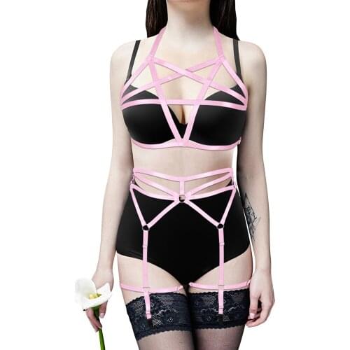 Pink Pentagram Women Harness Garter Sets Goth Sexy Full Body Bondage Strap Chest Restraint Suspenders Lingerie Erotic Costumes