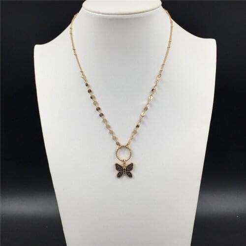 Gorgeous Gold Color Plating Black Stone Inserted Butterfly Pendant Necklace For Women Statement Elegant Feminist Jewelry