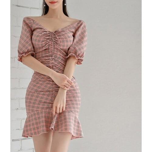 New arrival fashion mini mermaid dress women elegant summer sexy v-neck temperament office lady sweet pink plaid party dress