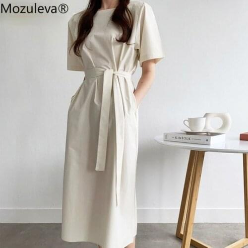 Mozuleva Chic Casual Square Collar Women Mid-length Dress Short Sleeve Loose Lace-up Female Solid Dress 2021 Summer Vestidos