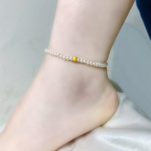 ZHIXI Natural Freshwater Pearl Anklet Real 18K Gold AU750 Gold Ball 3-3.5mm White Pearl for Women Fine Jewelry Gift J571