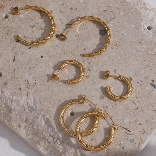2021 New Thin Round Braid Twisted Delicate Texture Gold Stainless Steel Hoop Earrings For Women Outfit Statement Earring