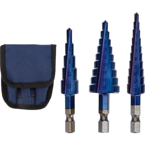3pcs HSS Step Drill Bits 3-12mm 4-12mm 4-20mm Nano Blue Coated Drill Bits Set Metal Drilling Woodworking Power Tools