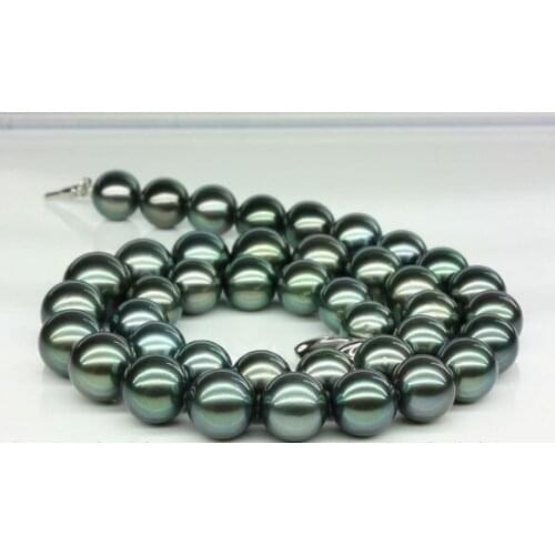 FREE SHIPPING>>>@@ > Huge 10-11mm Tahitian genuine black peacock green round pearl necklace AA