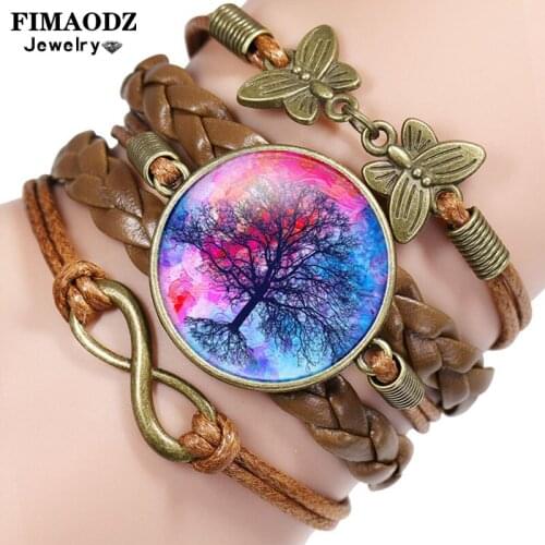 FIMAODZ Charm Tree of Life Bracelet Art Photo Glass Button Handmade Infinite Love Leather Bracelets Family Gift Plant Jewelry