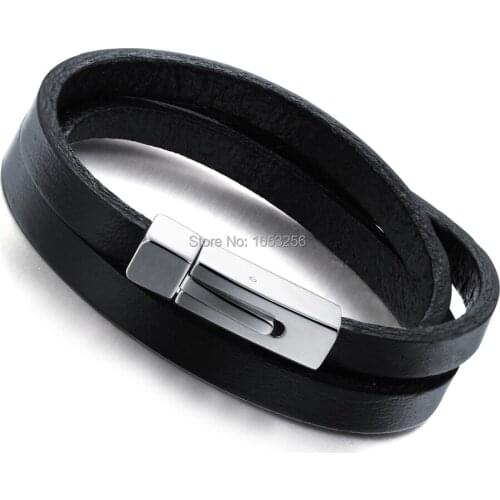 N908 Free Shipping Retro Genuine Leather Stainless Steel Exquisite Snaps Mens Bangle Bracelet 7.87"