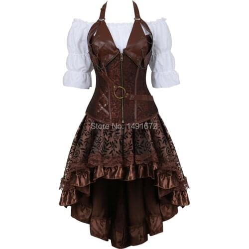 Bustiers corset skirt 3 piece leather dress corset steampunk pirate lingerie corsetto irregular burlesque plus size black brown