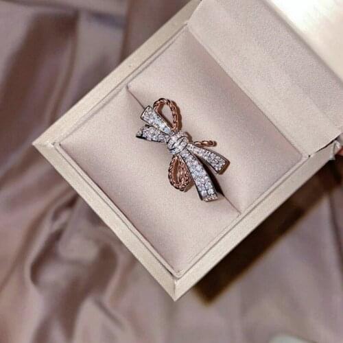 Two Tone Rose Gold Bowknot 925 Sterling Silver Wedding Bands Zircon Double Knot Finger Rings Engagement Ring for Women Jewelry