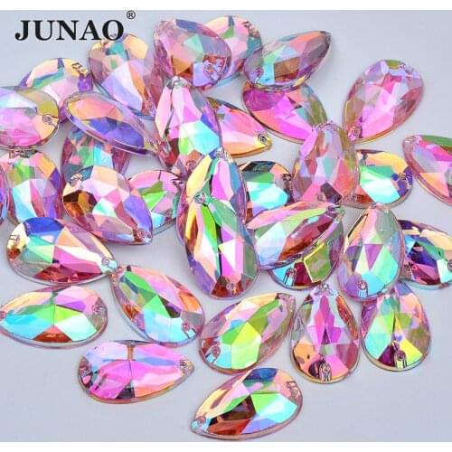 JUNAO 100pcs 17x28mm Pink AB Teardrop Sewing Rhinestones Decoration Acrylic Crystal Sew On Stone Flatback Strass Applique