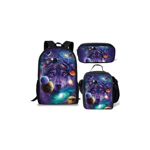 3pcs Set Girl Boy Backpack Purple Space Stars Galaxy Wolf Schoolbag College Student Mochila Rucksack Kid School Bags
