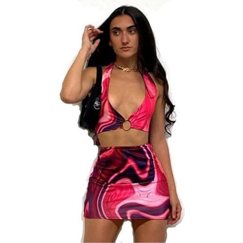 Summer Womens Two Piece Print Dress Set Deep V Neck Low Cut Super Short Skinny Top and Skinny Super Short Skirt