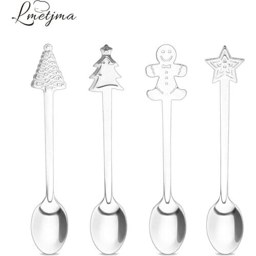 LMETJMA 4 pcs/set Christmas Coffee Spoons Stainless Steel Coffee Spoon For Kid Drinking Tea Spoon Christmas Tableware KC0167