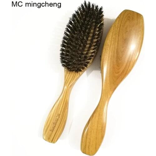MC Free Shipping Wooden Massage Comb Natural Wild Boar Bristles Wooden Comb Hair Brush Sandalwood Handle Brosse Hair Care Comb