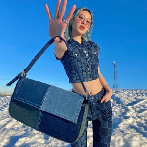 Fashion Blue Denim Shoulder Bag Women Flap Bag Ladies Plaid High Quality Flap Handbags